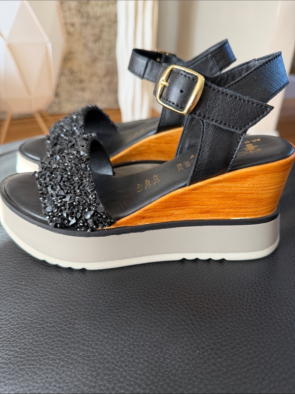 NWOT Women's Black Wedge Sandals with Embellished Strap
